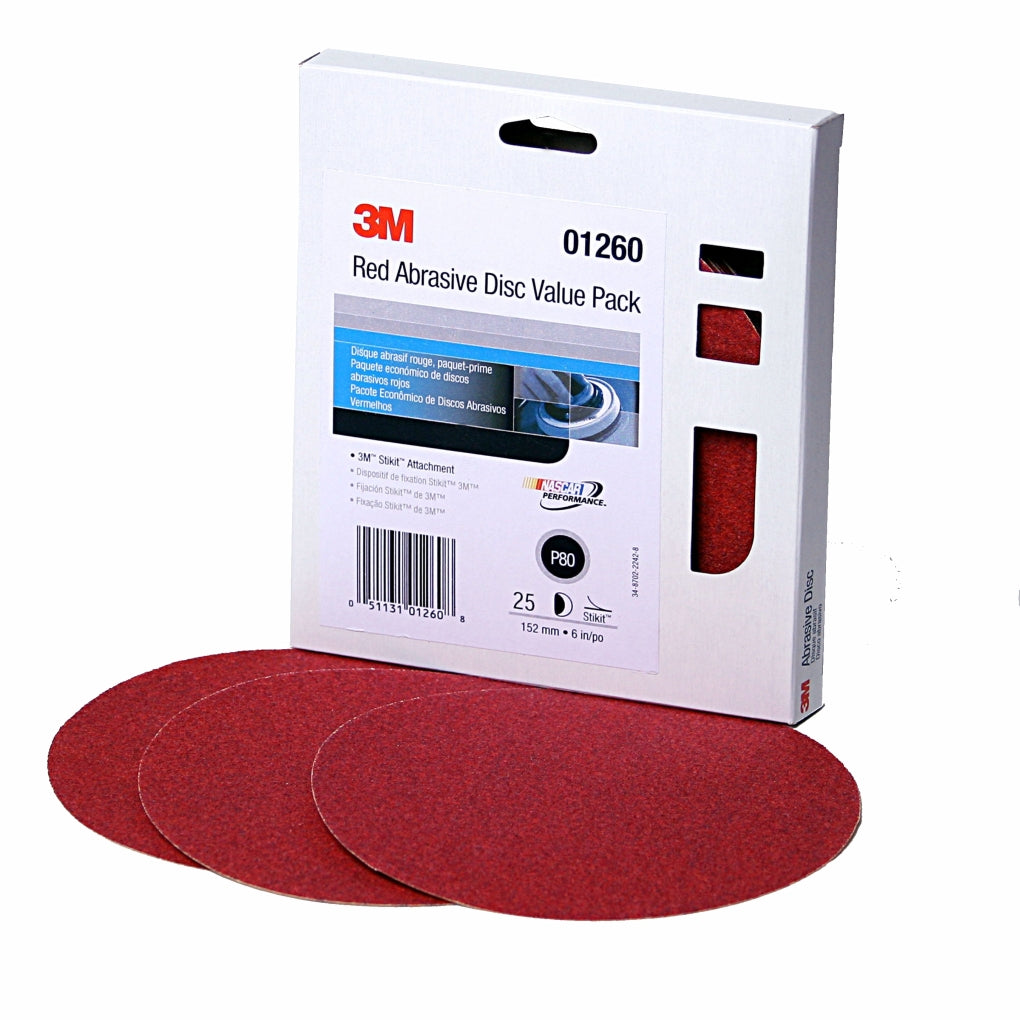 3M 01260 Red Abrasive Stikit Disc Value Pack, 6 inch, P80D
