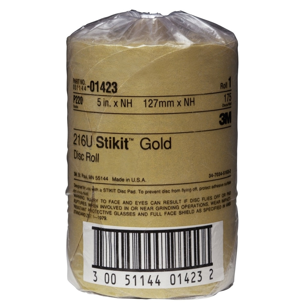 3M 01423 Stikit Gold Paper Disc Roll, 216U, 5 in x NH Die 500X P220 A-weight
