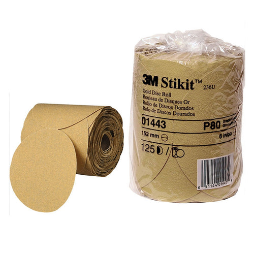 3M 01443 Stikit Gold Disc Roll, 6 inch, P80 grit, 125 per Roll