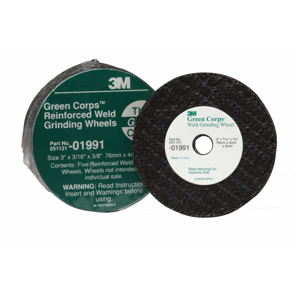3M 01991 Green Corps Reinforced Weld Grinding Wheel, 01991, 3 in x 3/16 in x 3/8 in