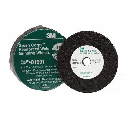 3M 01991 Green Corps Reinforced Weld Grinding Wheel, 01991, 3 in x 3/16 in x 3/8 in