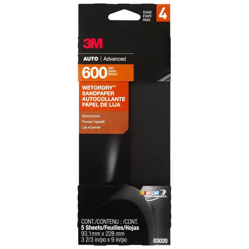 3M 03020 Wetordry Sandpaper, 600 Grit, 3 2/3 x 9