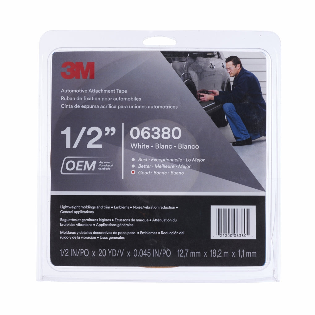 3M 06380 Automotive Attachment Tape, White, 1/2 in x 20 yd, 45 mil