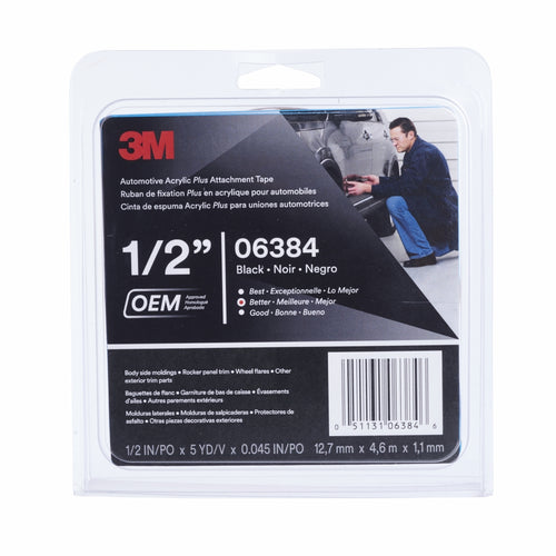 3M 06384 Automotive Acrylic Plus Attachment Tape, Black, 1/2 in x 5 yd, 45 mil