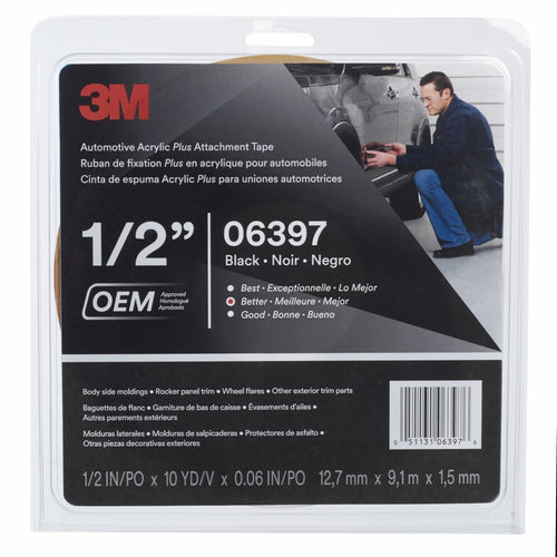 3M 06397 Automotive Acrylic Plus Attachment Tape, Black, 1/2 In X 10 Yds, 60 mil