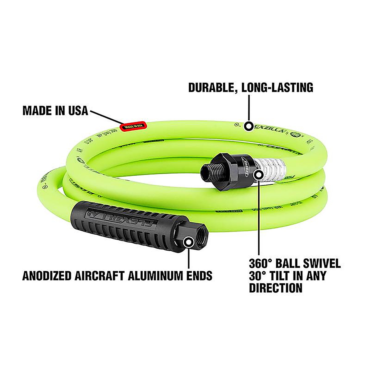 Flexzilla HFZ3806YW2B 6 ft. L x 3/8 in. Dia. Hybrid Polymer Air Hose 300 psi Zilla Green
