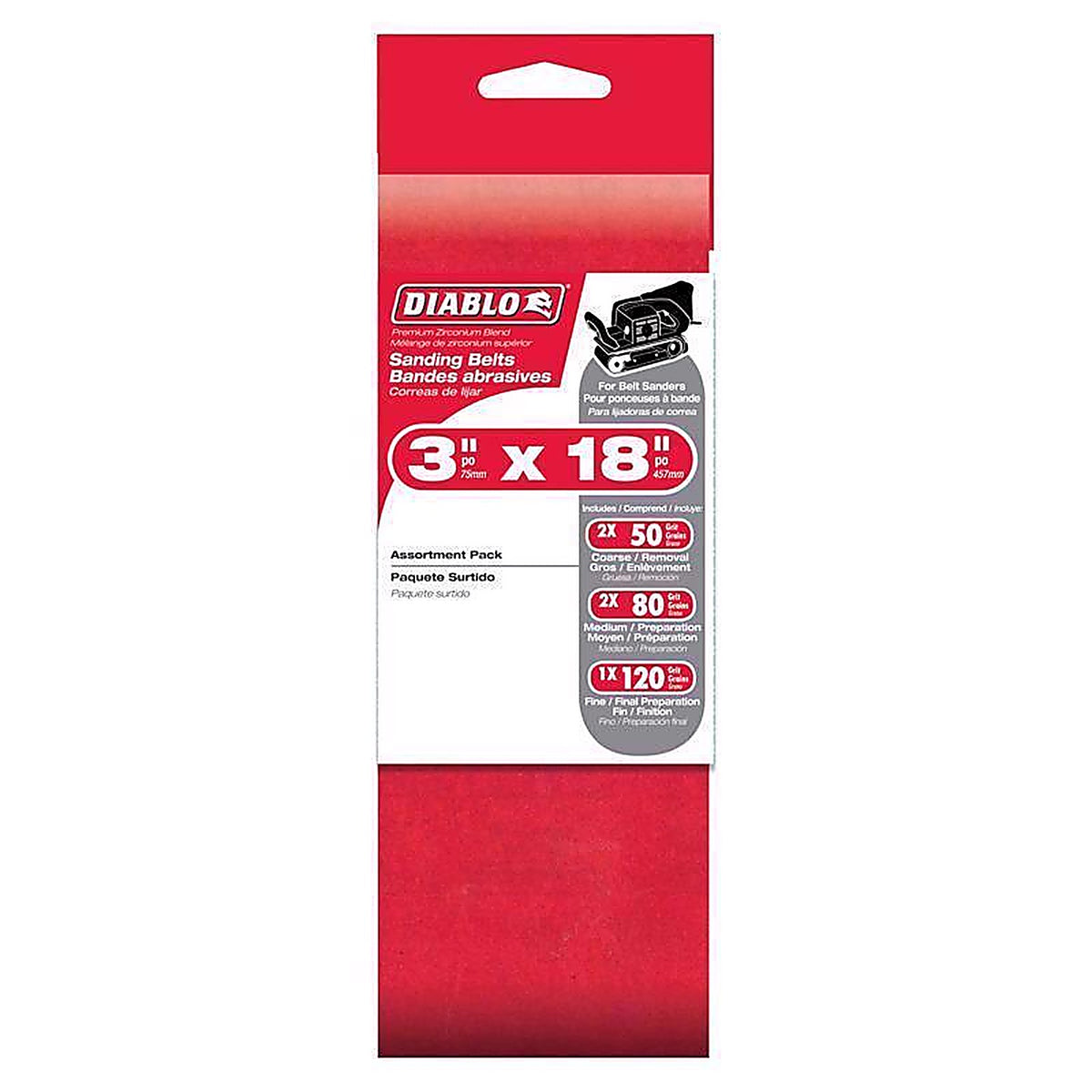 Diablo DCB318ASTS05G 18 in. L X 3 in. W Assorted Grit Zirconium Oxide Sanding Belt 5 pk