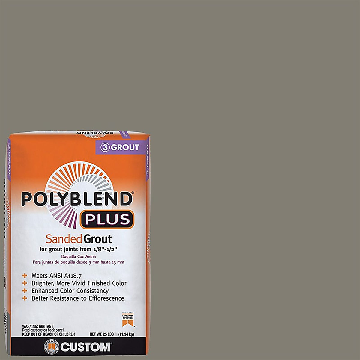 Custom Building Products PBPG0925 Polyblend Plus Indoor and Outdoor Natural Gray Sanded Grout 25 lb