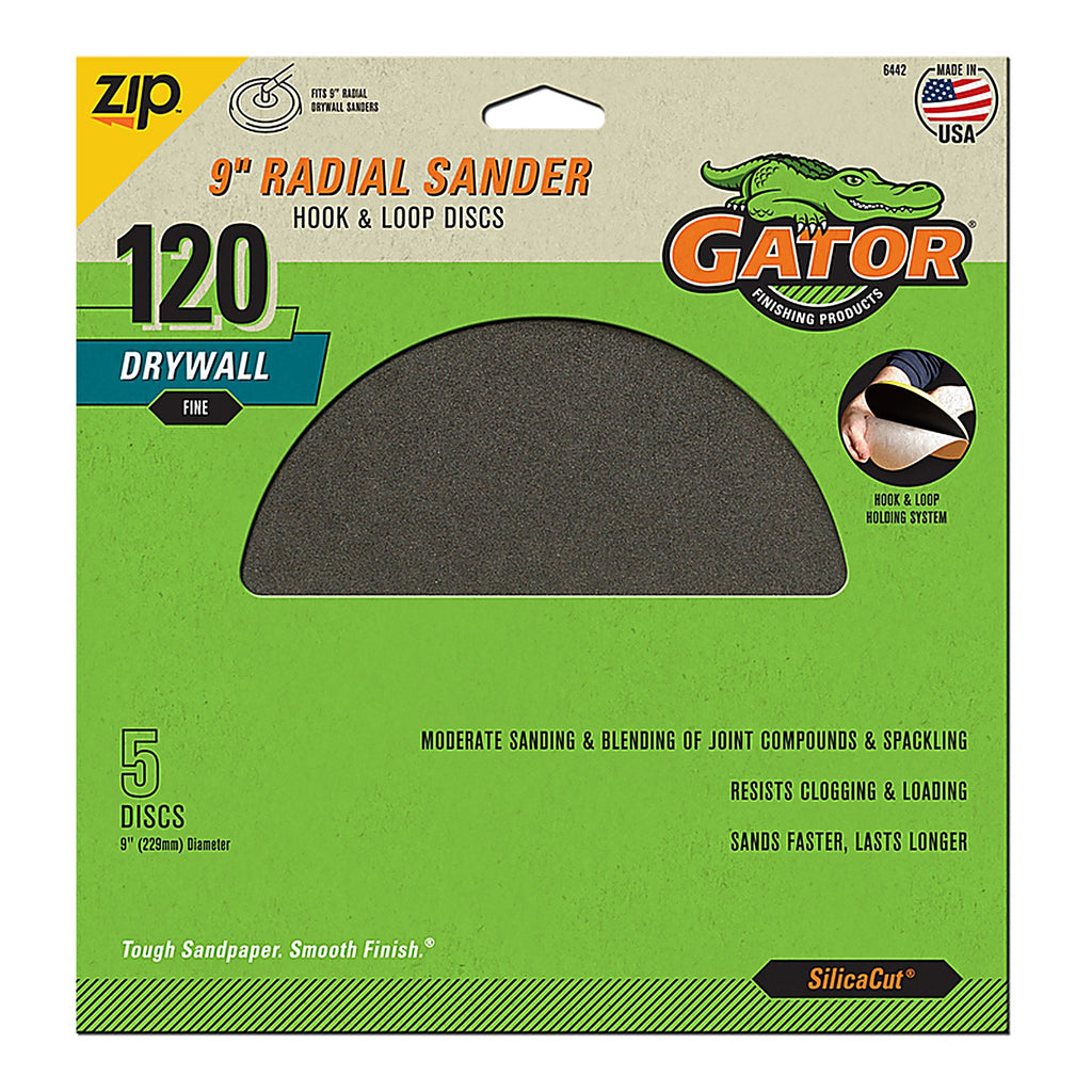 Gator 6442 9 in. CeraMax Grain Hook and Loop Drywall Sanding Disc 120 Grit Fine 5 pk