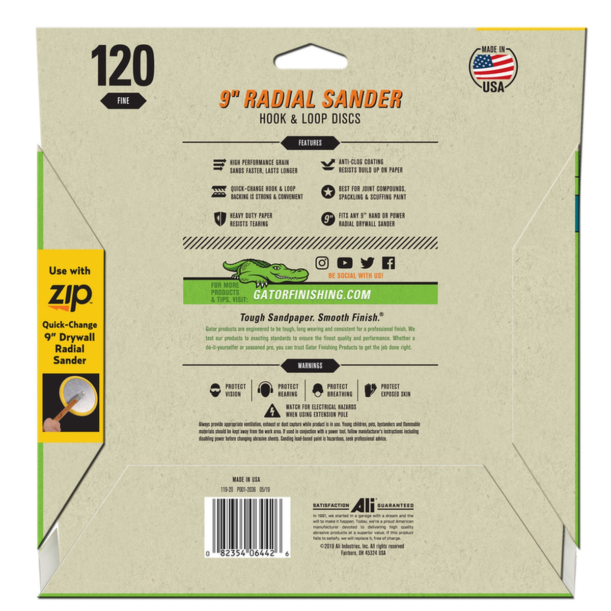 Gator 6442 9 in. CeraMax Grain Hook and Loop Drywall Sanding Disc 120 Grit Fine 5 pk