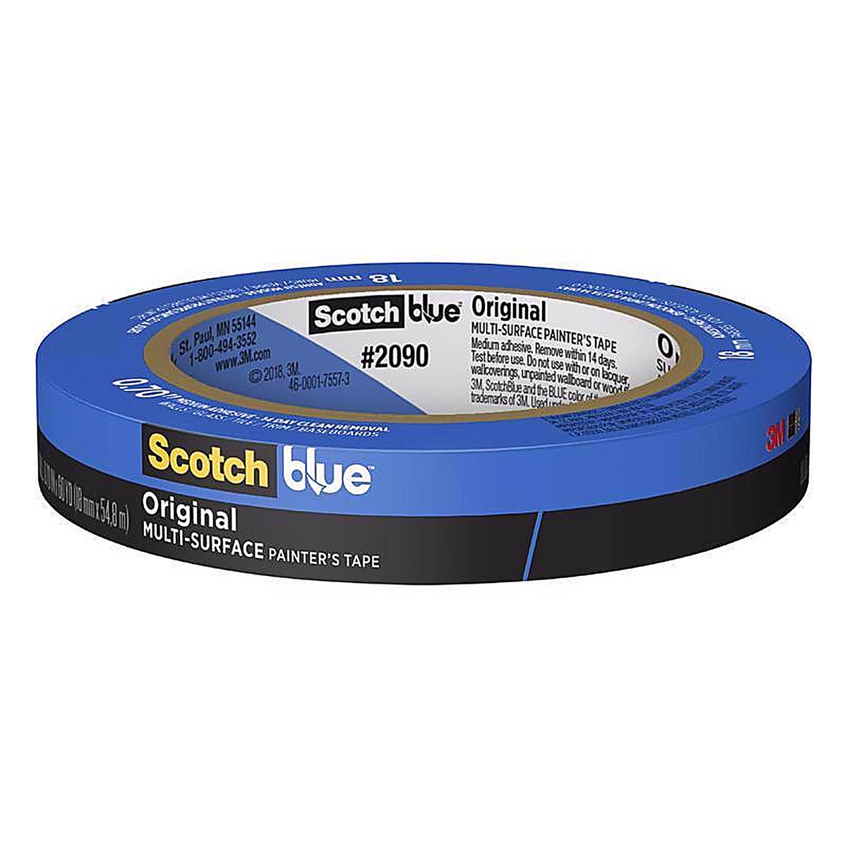 3M 2090-18NC ScotchBlue 0.70in. W x 60yd. L Blue Medium Strength Original Painters Tape