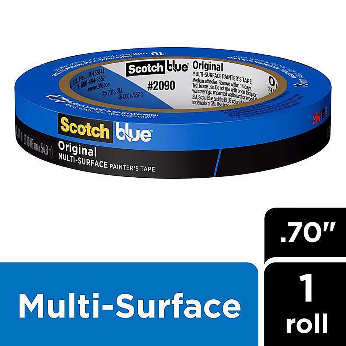 3M 2090-18NC ScotchBlue 0.70in. W x 60yd. L Blue Medium Strength Original Painters Tape