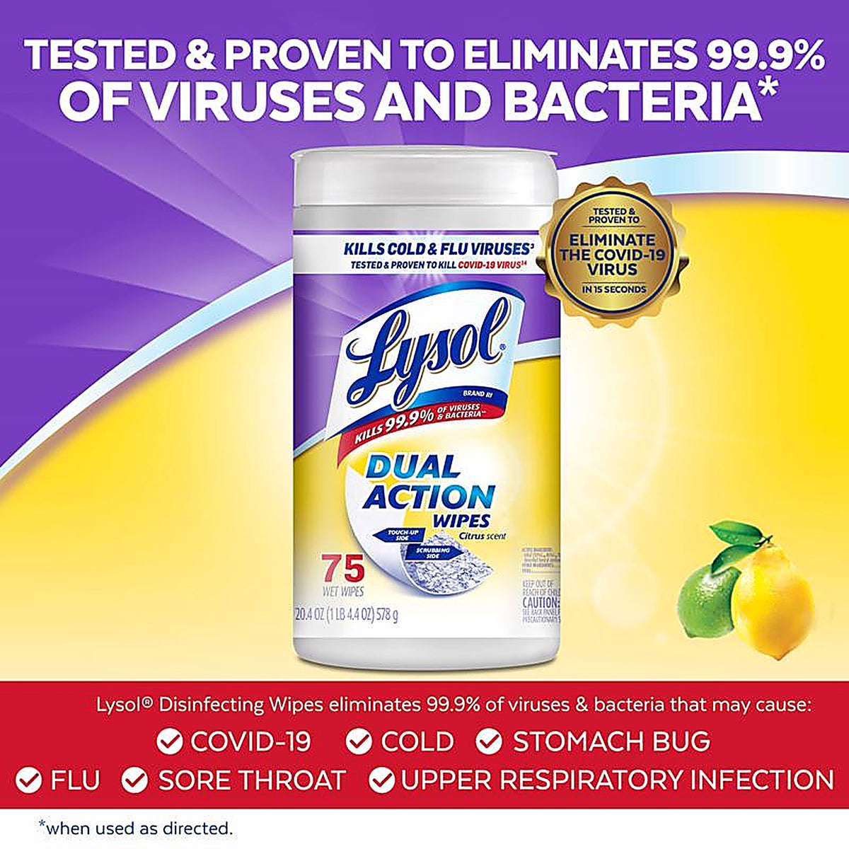Lysol 1920081700 Dual Action Fiber Weave Antibacterial Wipes 75 pk