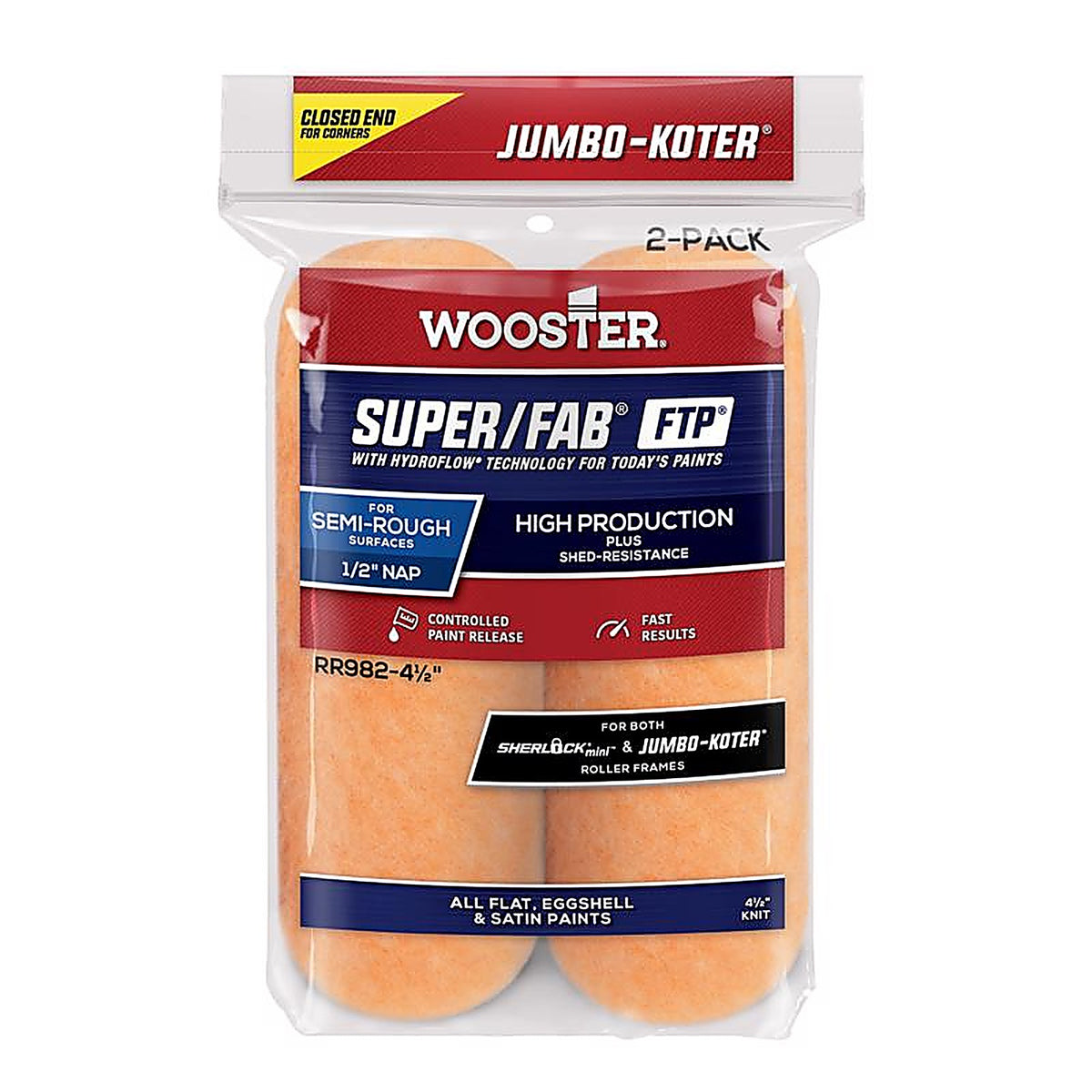 Wooster RR982-41/2 Super/Fab 4-1/2 in. W x 1/2 in. Jumbo Paint Roller Cover 2/Pack