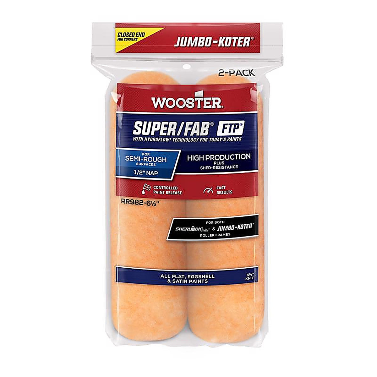 Wooster RR982-61/2 SUPER/FAB Knit 6.5 in. W x 1/2 in. Jumbo-Koter Paint Roller Cover 2/Pack