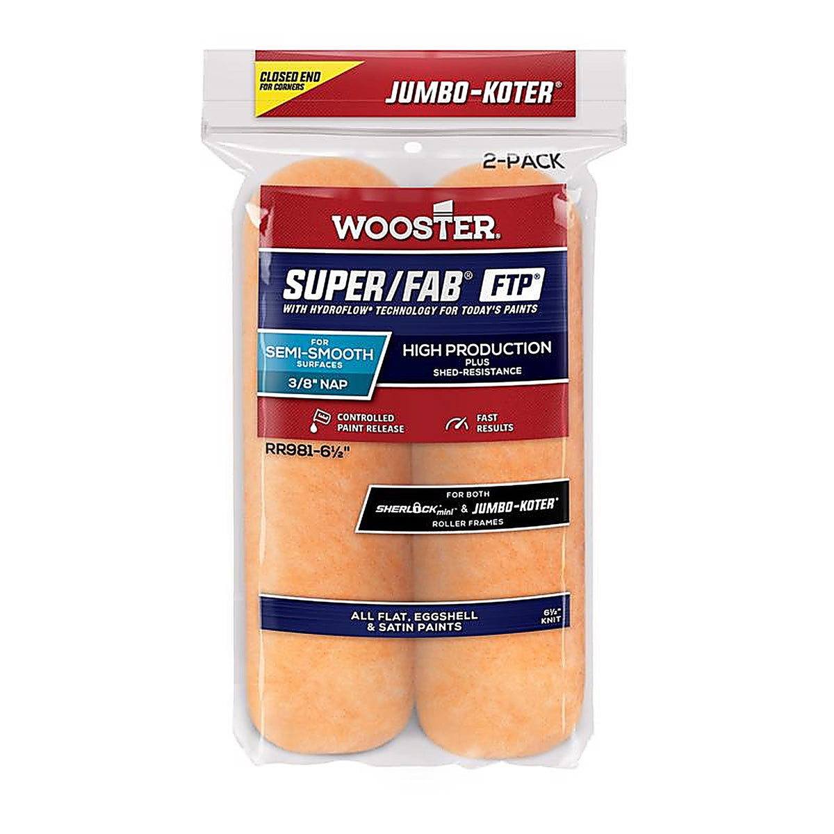 Wooster RR981-61/2 SUPER/FAB Knit 6.5 in. W x 3/8 in. Jumbo-Koter Paint Roller Cover 2/Pack