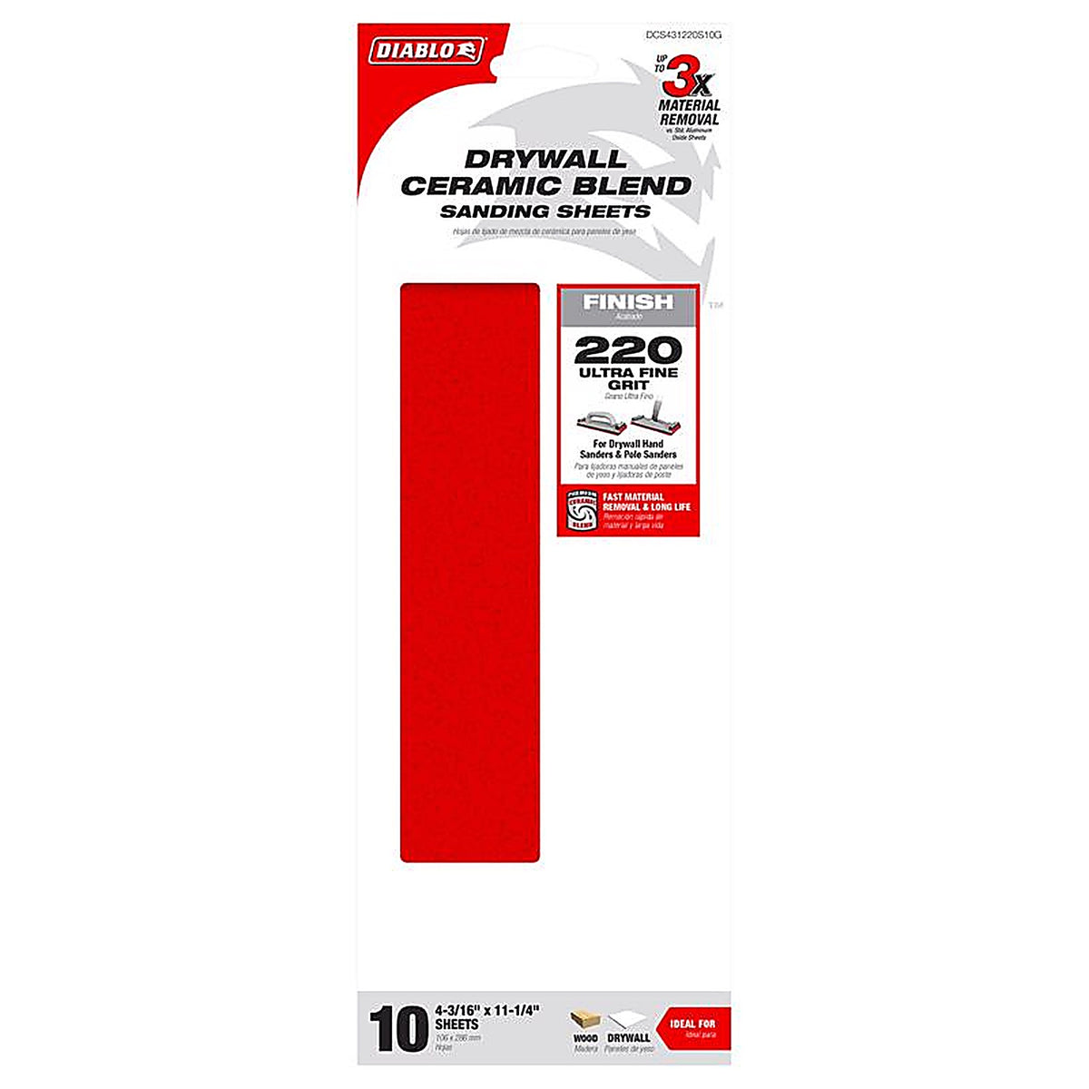 Diablo - DCS431220S10G - 11-1/4 In. L X 4-3/16 W 220 Grit Ceramic Blend Drywall Sanding Sheet 10 Pack
