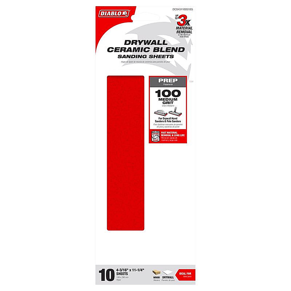 Diablo - DCS431100S10G - 11-1/4 In. L X 4-3/16 W 100 Grit Ceramic Blend Drywall Sanding Sheet 10 Pack