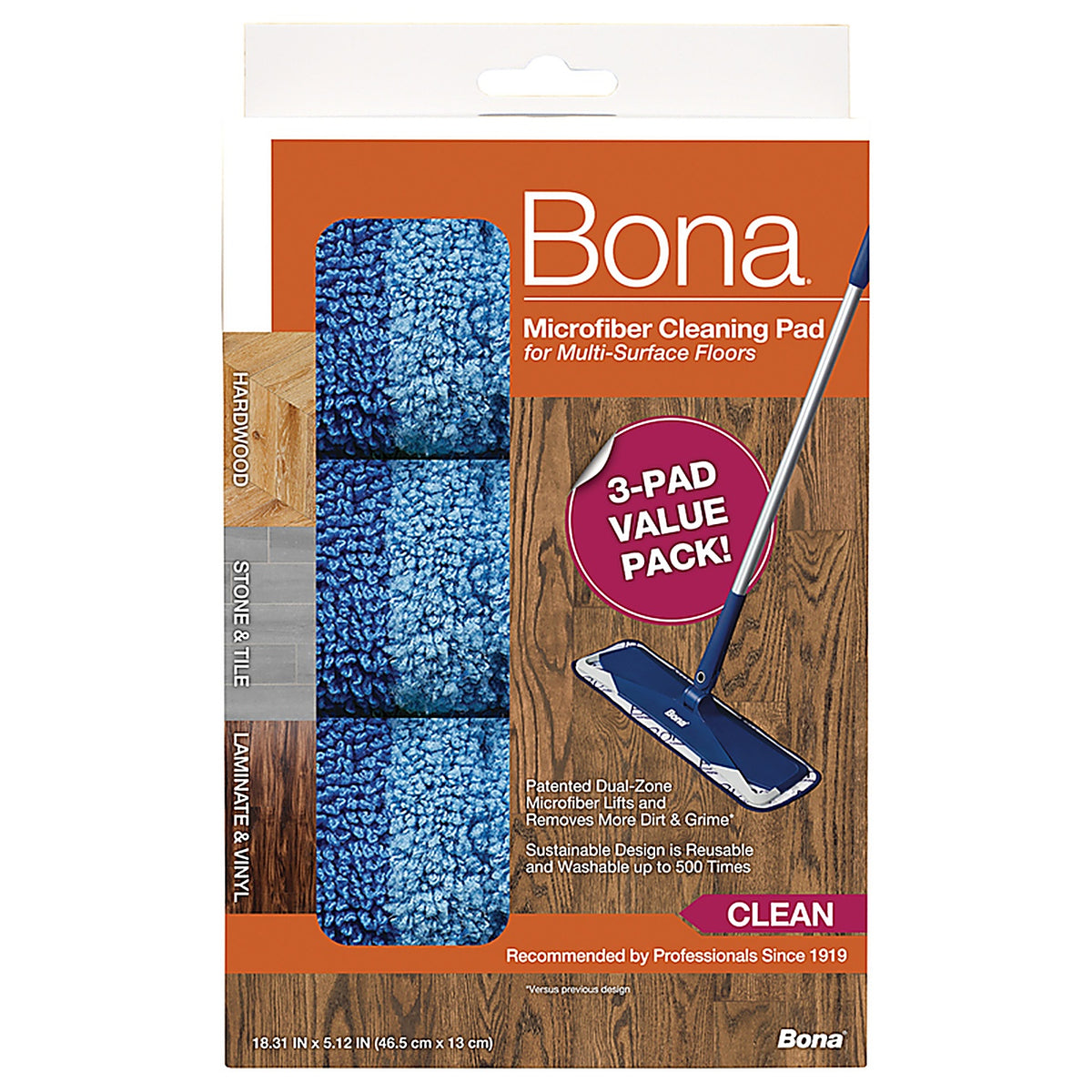 Bona AX0003608 18.31 in. Cleaning Microfiber Mop Pad 3 pk