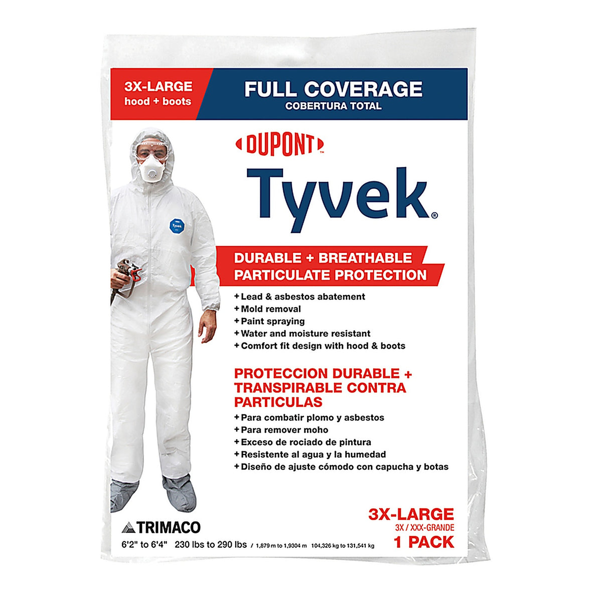 Dupont - 141252/12 - Tyvek Unisex Polyethylene Full Coverage Hooded Coverall w/Boot White 3XL 1 Pack
