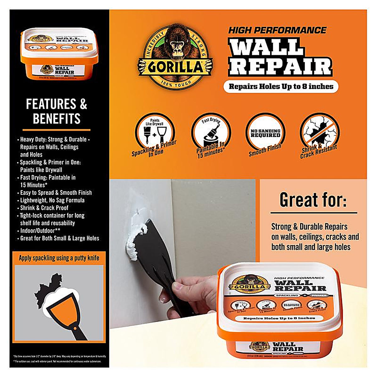 Gorilla 107054 Heavy Duty Wall Repair Spackling + Primer