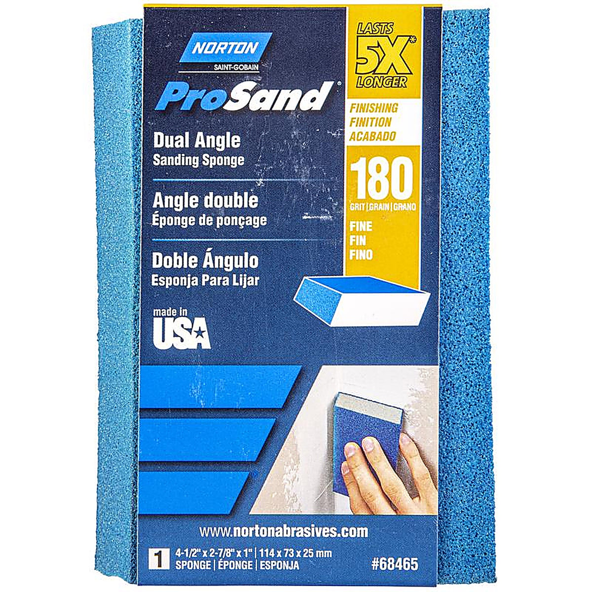 Norton - 7660768465 - Prosand 4-1/2 In. L X 2-7/8 In. W X 1 In. 180 Grit Fine Dual Angle Sanding Sponge