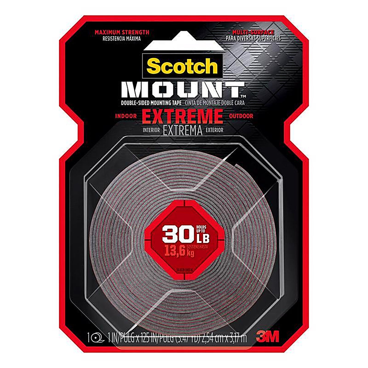 3M 414H-MED Scotch Mount Double Sided 1 in. W X 125 in. L Mounting Tape Black