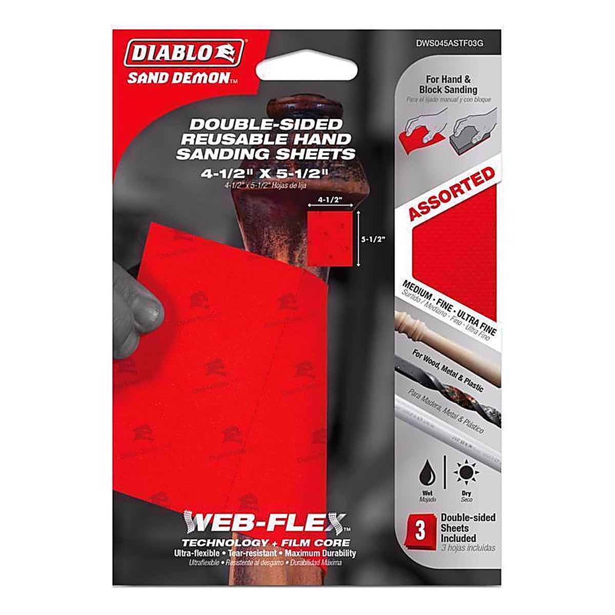 Diablo - DWS045ASTF03G - Sand Demon 4-1/2 In. L X 5-1/2 In. W Assorted Grit Ceramic Blend Sanding Sheet 3 Pack