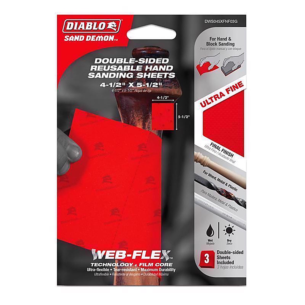 Diablo - DWS045XFNF03G - Sand Demon 4-1/2 In. L X 5-1/2 In. W 220 Grit Ceramic Blend Sanding Sheet 3 Pack