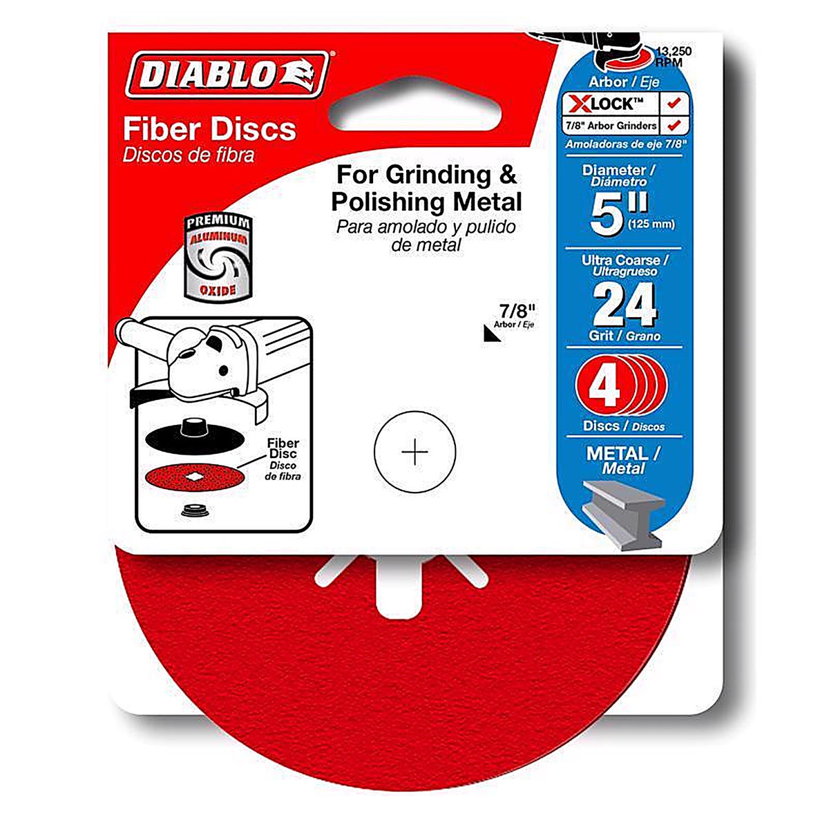 Diablo - DCF050024S04G - 5 In. Aluminum Oxide Center Mount Fiber Disc 24 Grit Extra Coarse 4 Pack
