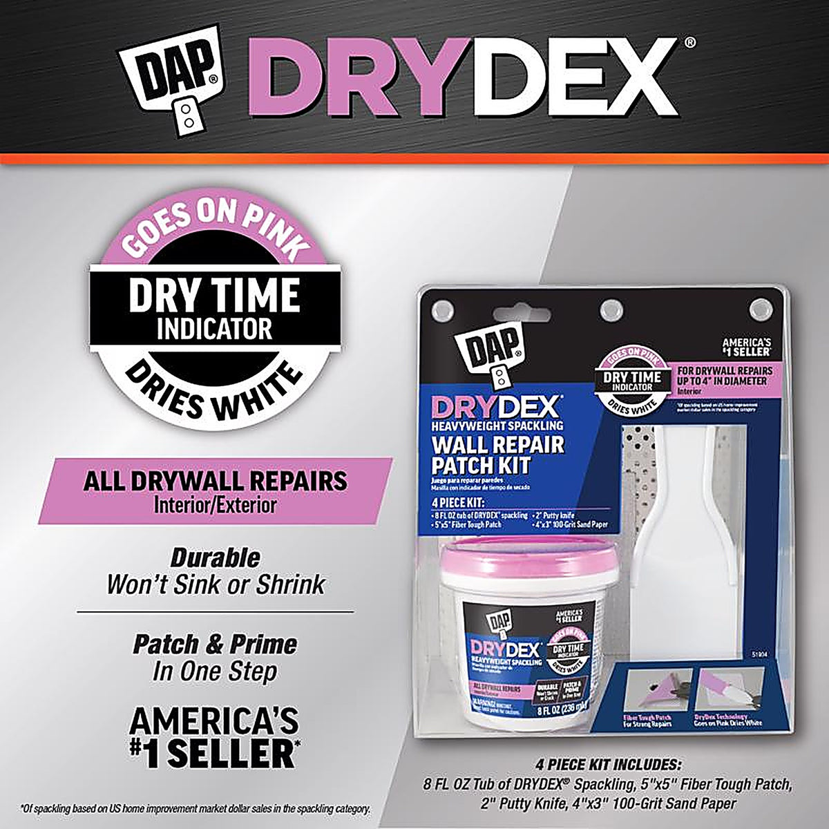 DAP 7079812345 Drydex 3.5 in. L X 6.6 in. W Spackling White Wall Repair Kit