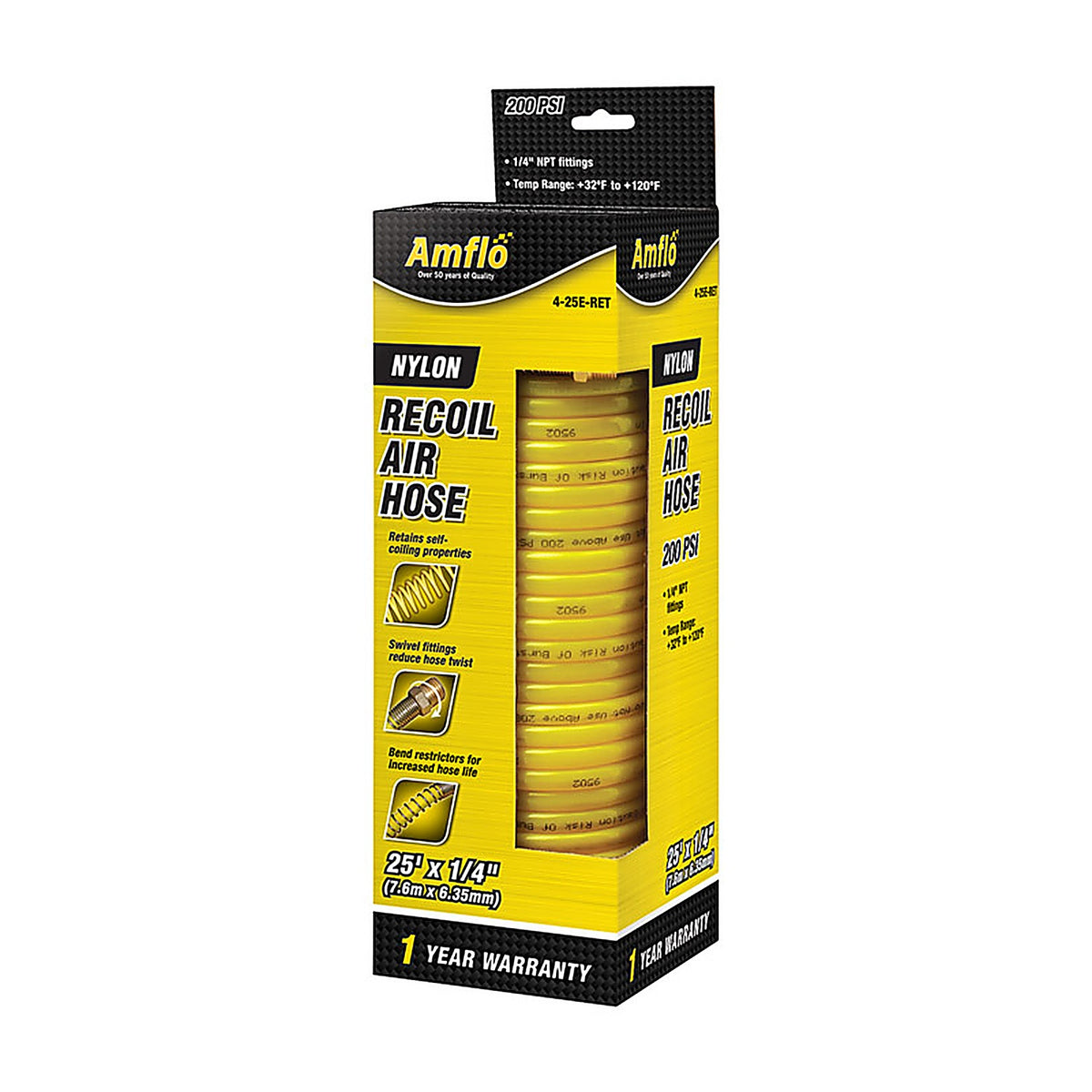 Amflo AMFL425ERET 25 ft. L X 1/4 in. D Nylon Recoil Air Hose 200 psi Yellow