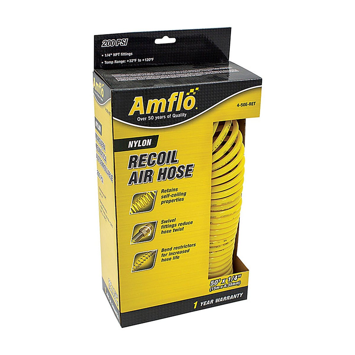 Amflo AMFL450ERET 50 ft. L X 1/4 in. D Nylon Recoil Air Hose 200 psi Yellow