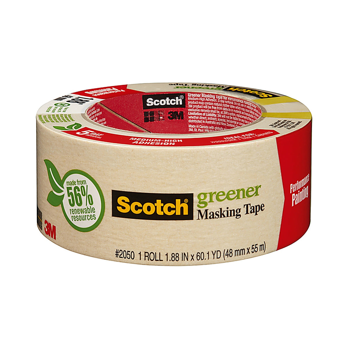 3M 2050-48A Scotch 1.88 in. W x 60.1 yd. L Beige Medium Strength Masking Tape 1/Pack