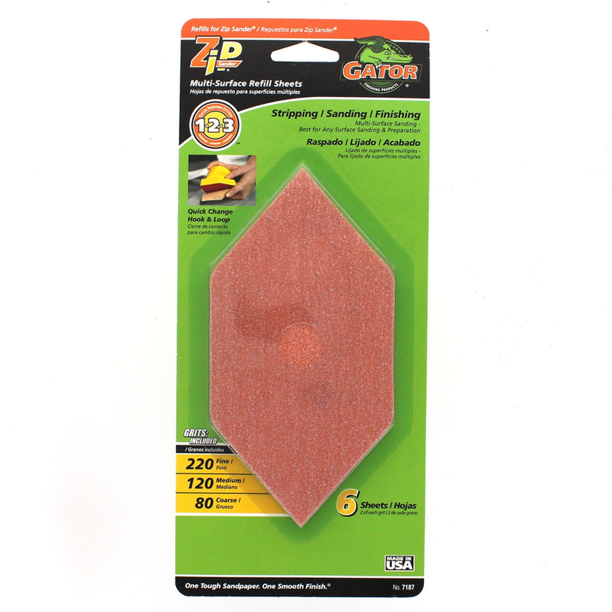 Gator 7187 Zip Sander 6 in. L x 3 in. W 80/120/220 Grit Aluminum Oxide Sanding Sheet 6/Pack