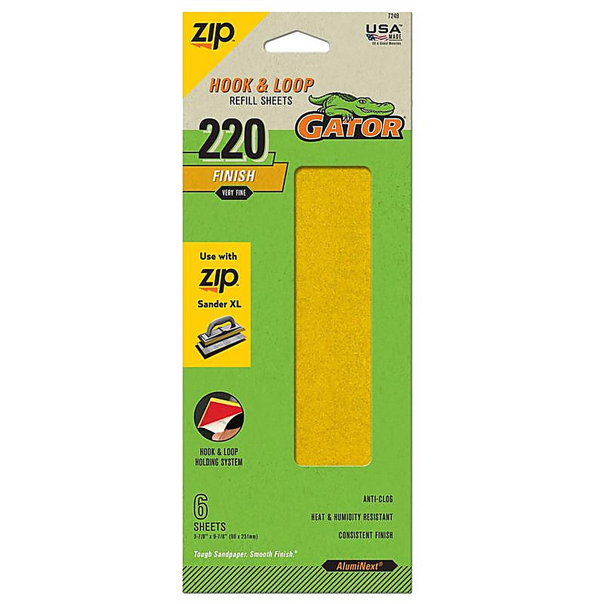 Gator 7249 Zip XL 9-1/2 in. L x 3-1/2 in. W 220 Grit Aluminum Oxide Sanding Sheet 6/Pack