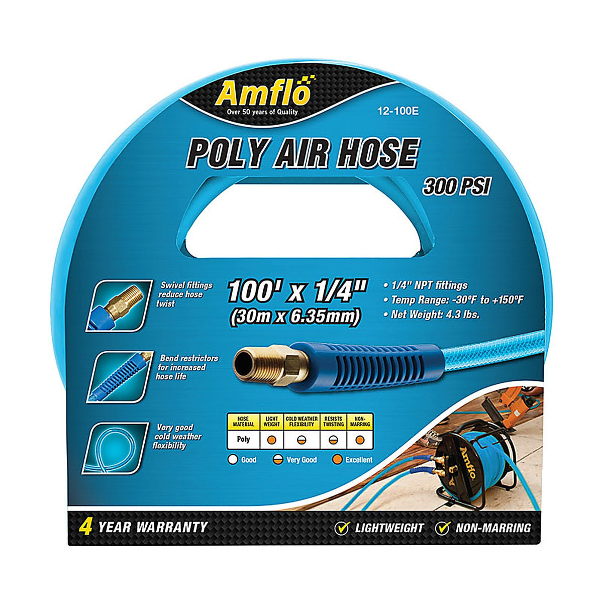 Amflo AMFL12100E 100 ft. L X 1/4 in. D Polyurethane Air Hose 300 psi Blue