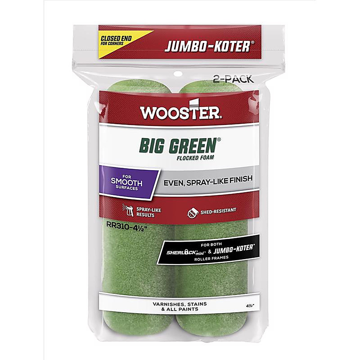 Wooster RR310-41/2 Big Green Flocked Foam 4-1/2 in. W x 3/8 in. Trim Paint Roller Cover 2/Pack