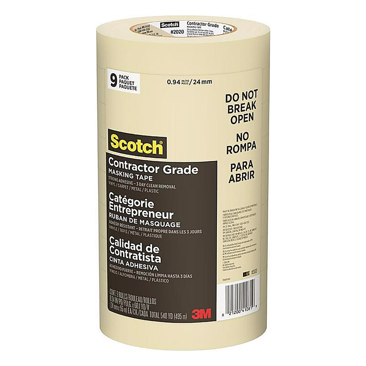 3M 2020-24AP9 Scotch 0.94 in. W x 60.1 yd. L Tan High Strength Masking Tape 9/Pack