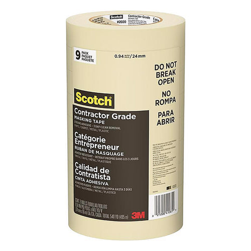 3M 2020-24AP9 Scotch 0.94 in. W x 60.1 yd. L Tan High Strength Masking Tape 9/Pack