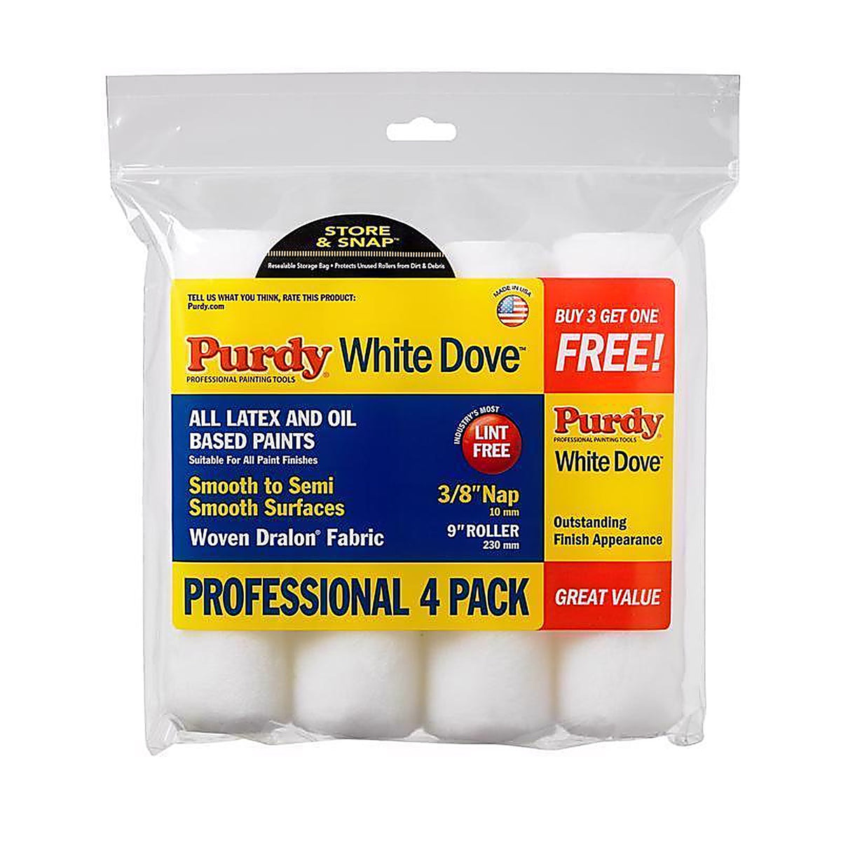 Purdy 14B863400 White Dove Woven Dralon Fabric 9 in. W X 3/8 in. Paint Roller Cover 4 pk