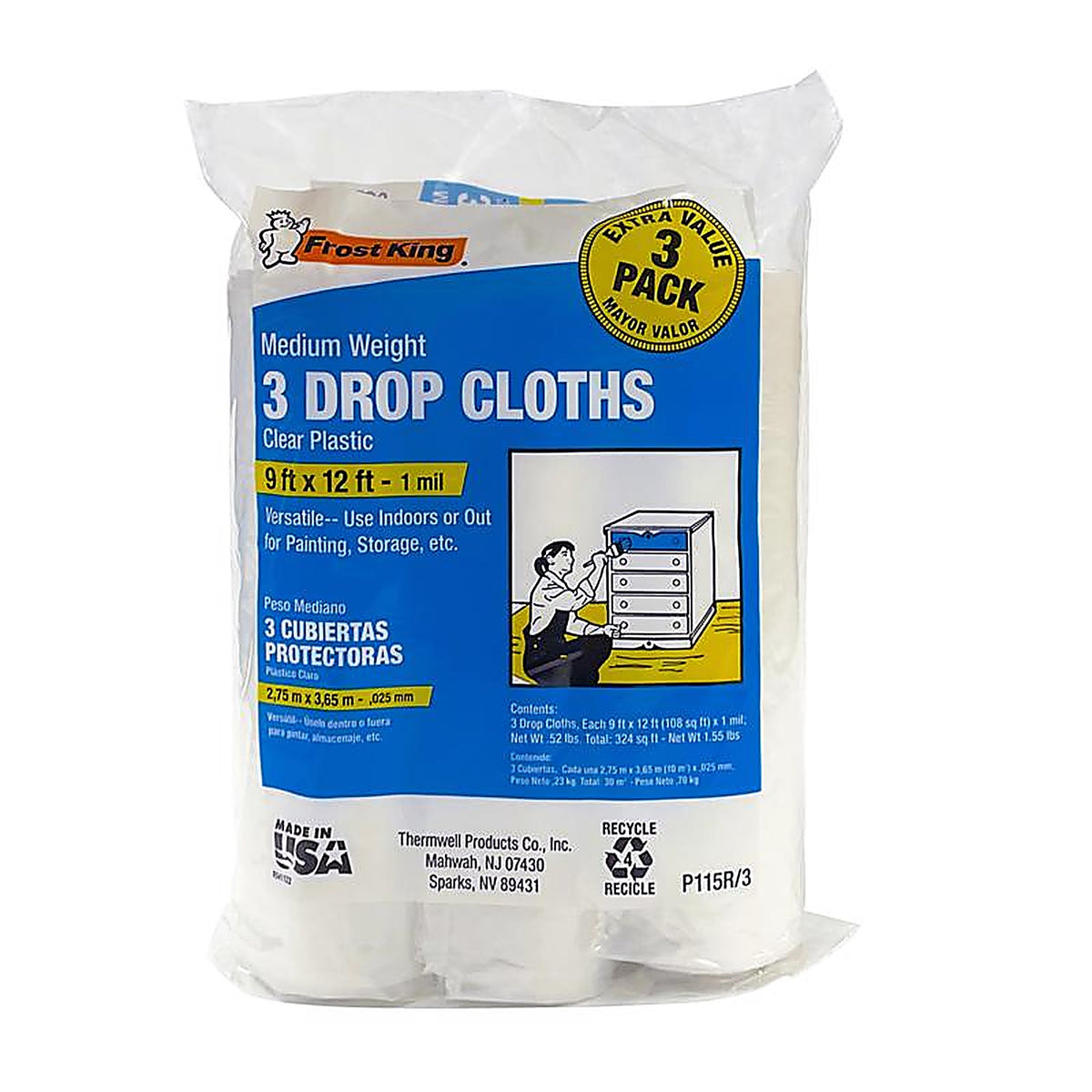 Frost King - P115R/3 - 9 Ft. W X 12 Ft. L X 1 Mil Plastic Drop Cloth 3 Pack