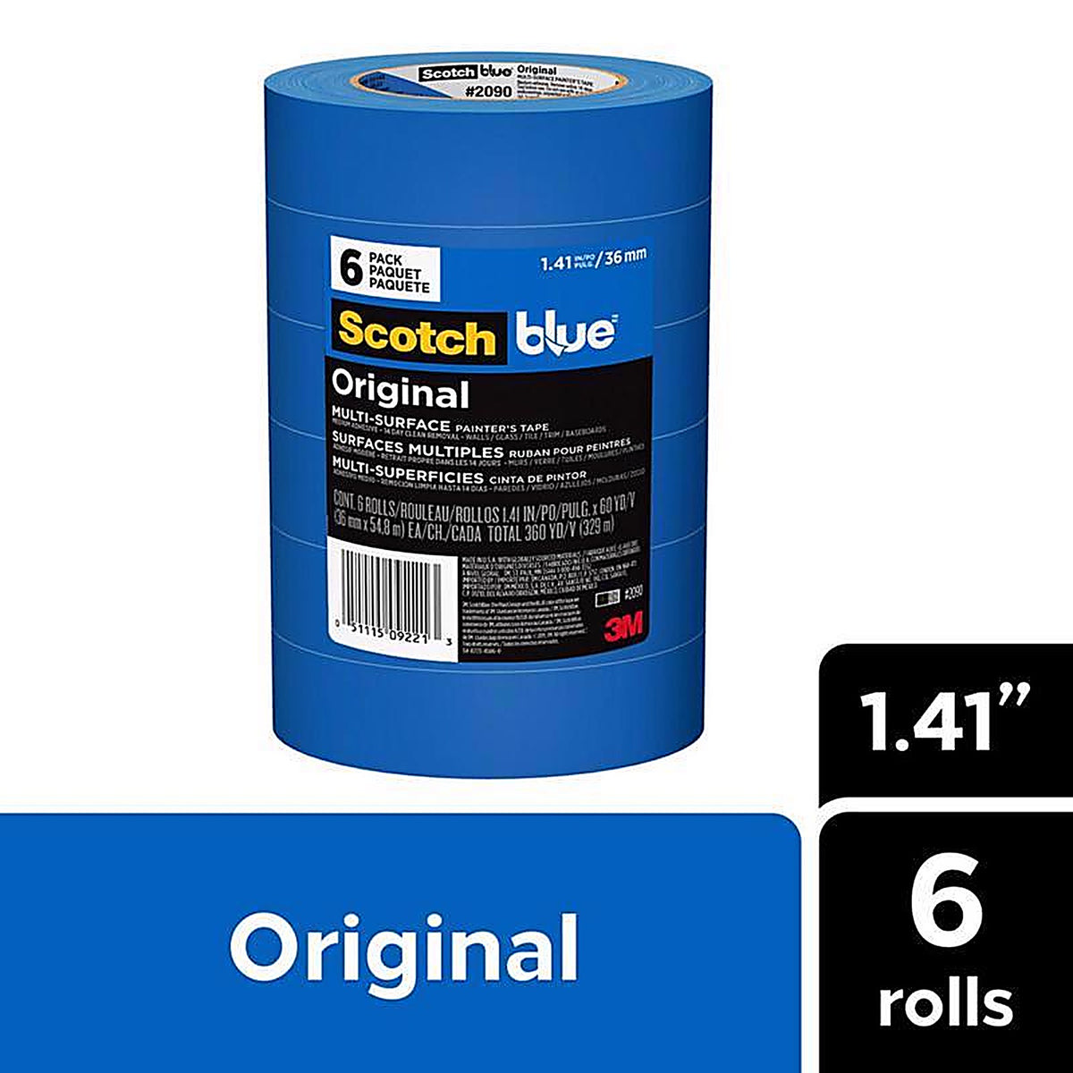 3M 2090-36QC6 ScotchBlue 1.41in. W X 60 yd L Blue Medium Strength Original Painters Tape 6 pk