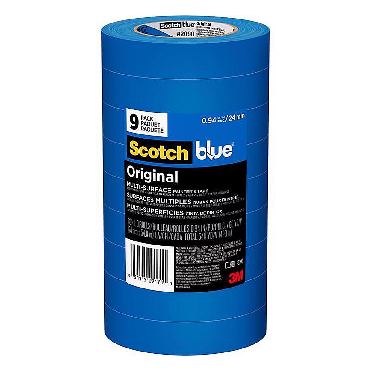 3M 2090-24AP9 ScotchBlue .94in. W x 60yd. L Blue Medium Strength Painters Tape 9/Pack