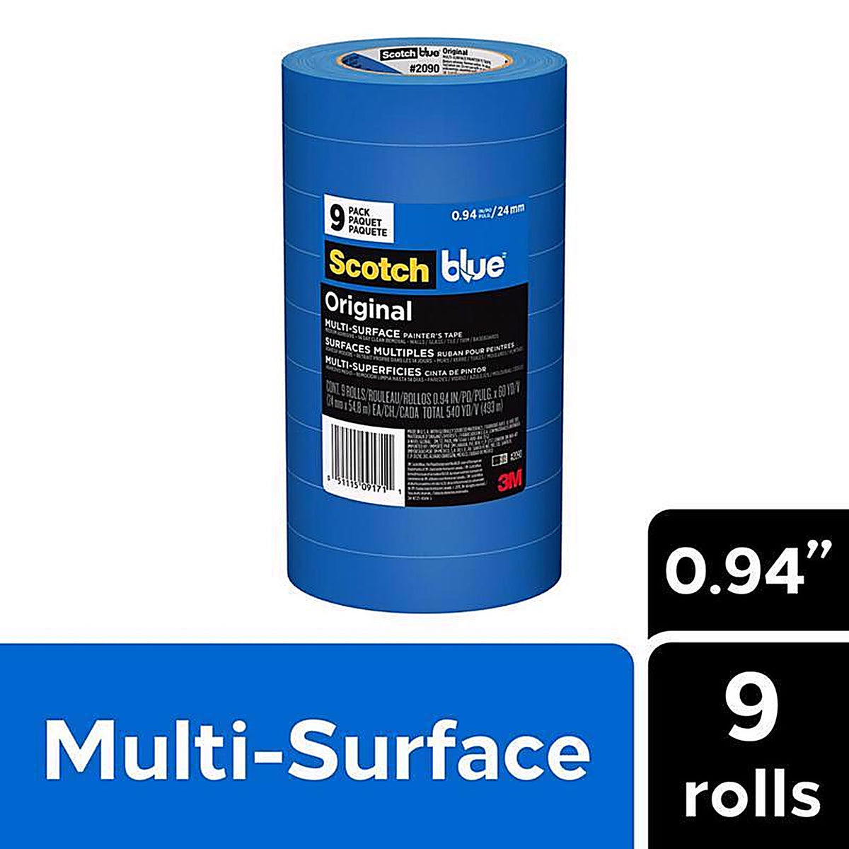 3M 2090-24AP9 ScotchBlue .94in. W x 60yd. L Blue Medium Strength Painters Tape 9/Pack