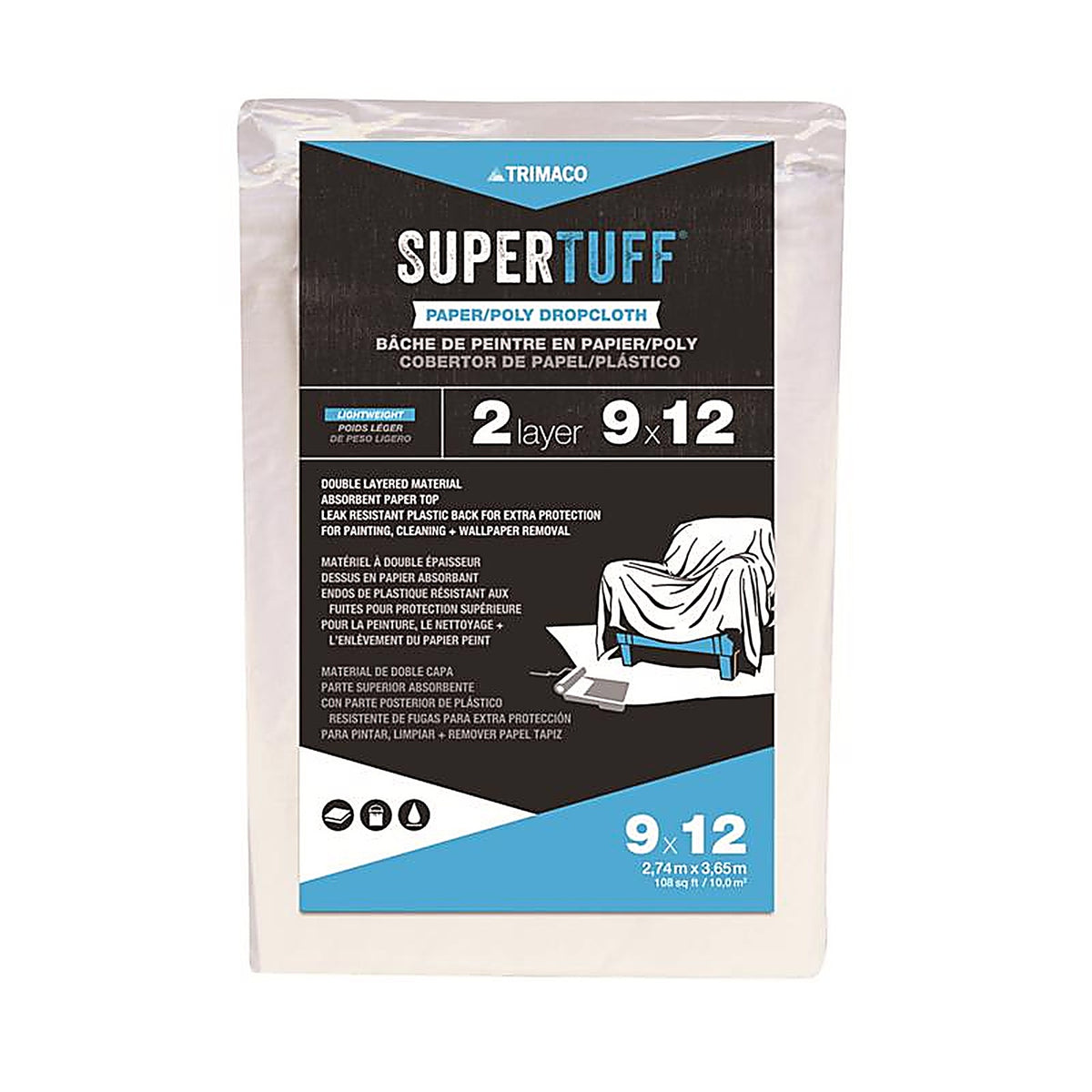 Trimaco 2301 SuperTuff 9 W x 12 ft. L Paper/Poly Drop Cloth 1/Pack