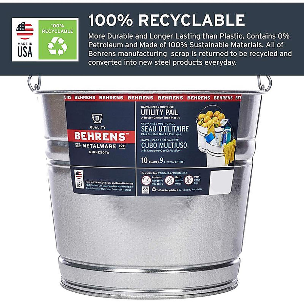 Behrens 1210GS 10 qt Galvanized Pail Gray