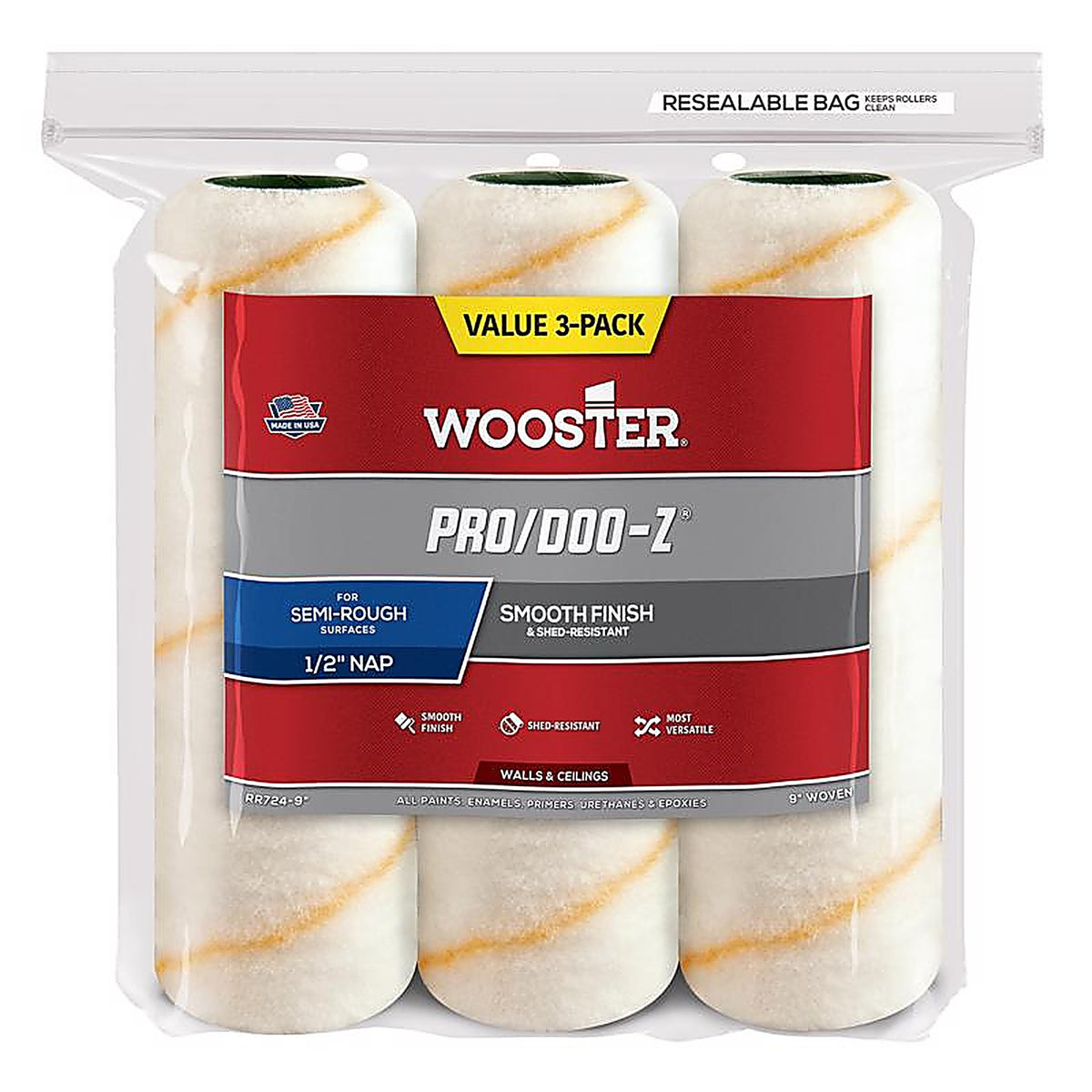 Wooster - RR724-9 - Pro/Doo-Z Fabric 9 In. W X 1/2 In. Regular Paint Roller Cover 3 Pack