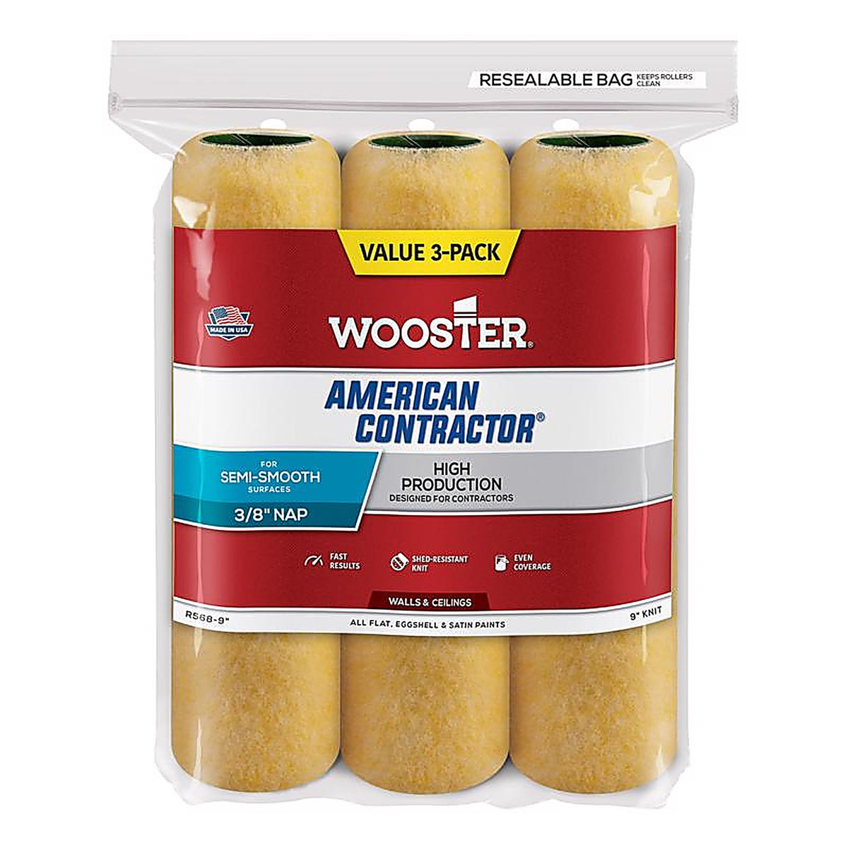Wooster - R568-9 - American Contractor Knit 9 In. W X 3/8 In. Regular Paint Roller Cover 3 Pack