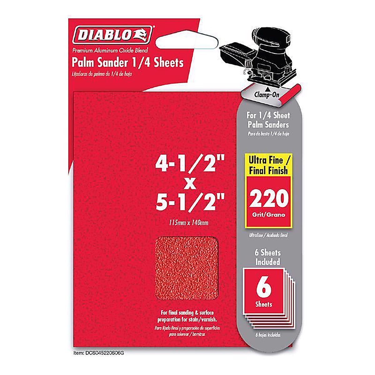 Diablo DCS045220S06G 5-1/2 in. L X 4-1/2 in. W 220 Grit Aluminum Oxide Sanding Sheet 6 pk